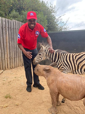 Moses with Daisy, the rhino and Modjadji, the Zebra
