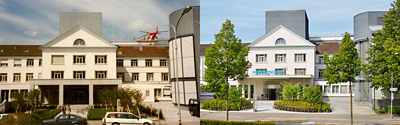 Eingang der Klinik Hirslanden damals und heute