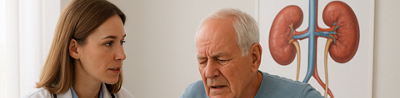 Medical illustration of human kidneys / Elderly man having blood pressure checked by healthcare professional