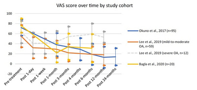 Rückgang der klinischen Beschwerden gemessen an einer subjektive Schmerzskala (0-100) nach Mikro-Embolisation bei Kniearthrose 