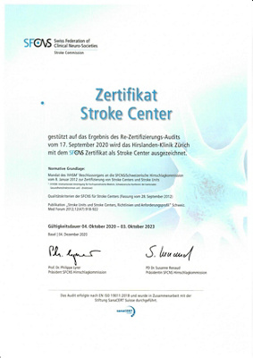 Zertifikat Re-Zertifizierung Stroke Center Hirslanden Zürich