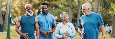 People, talking and walking for fitness outdoor with mobility training, discussion and morning routine