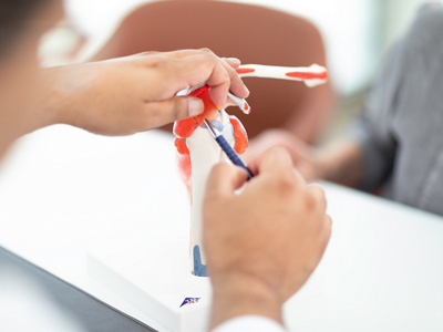 Arzt zeigt Patientin ein Anatomie Modell der Schulter