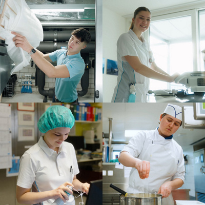 Eine Collage zeigt vier Lernende der Klinik St. Anna. Die Bilder sind Ausschnitte aus den Lehrstellenvideos.