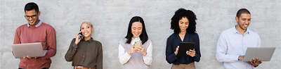 A group of professionals browsing on electronic devices